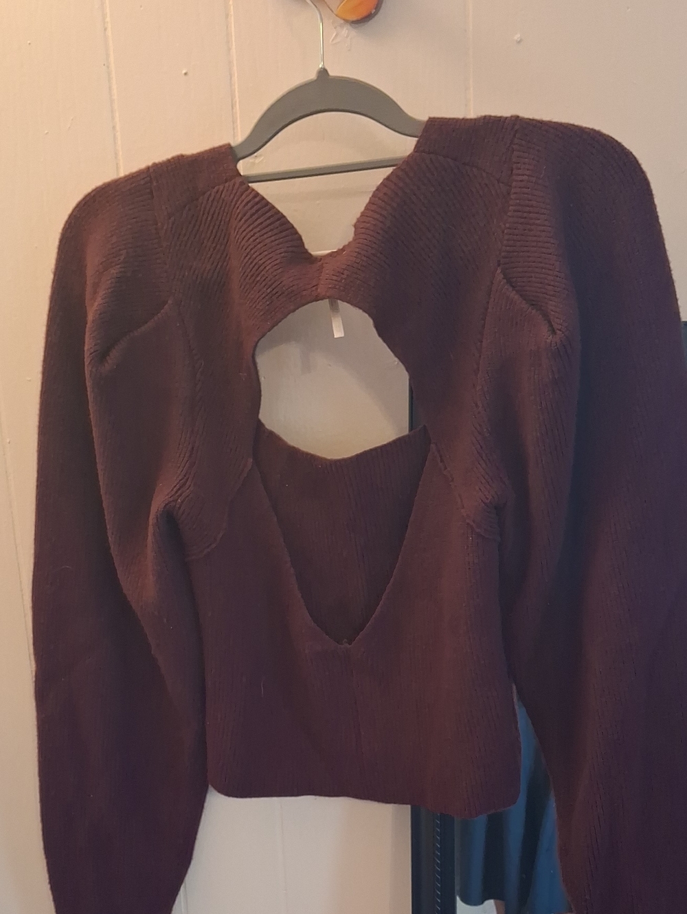 Free People Maroon Plum Ribbed Crop Sweater with Back Cutout NWOT
